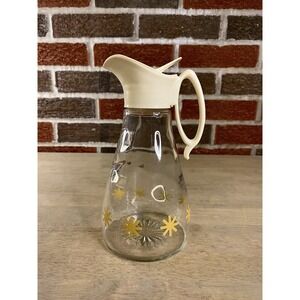Vintage Log Cabin Syrup Pitcher Dispenser Gold Stars Starburst Clear Glass MCM